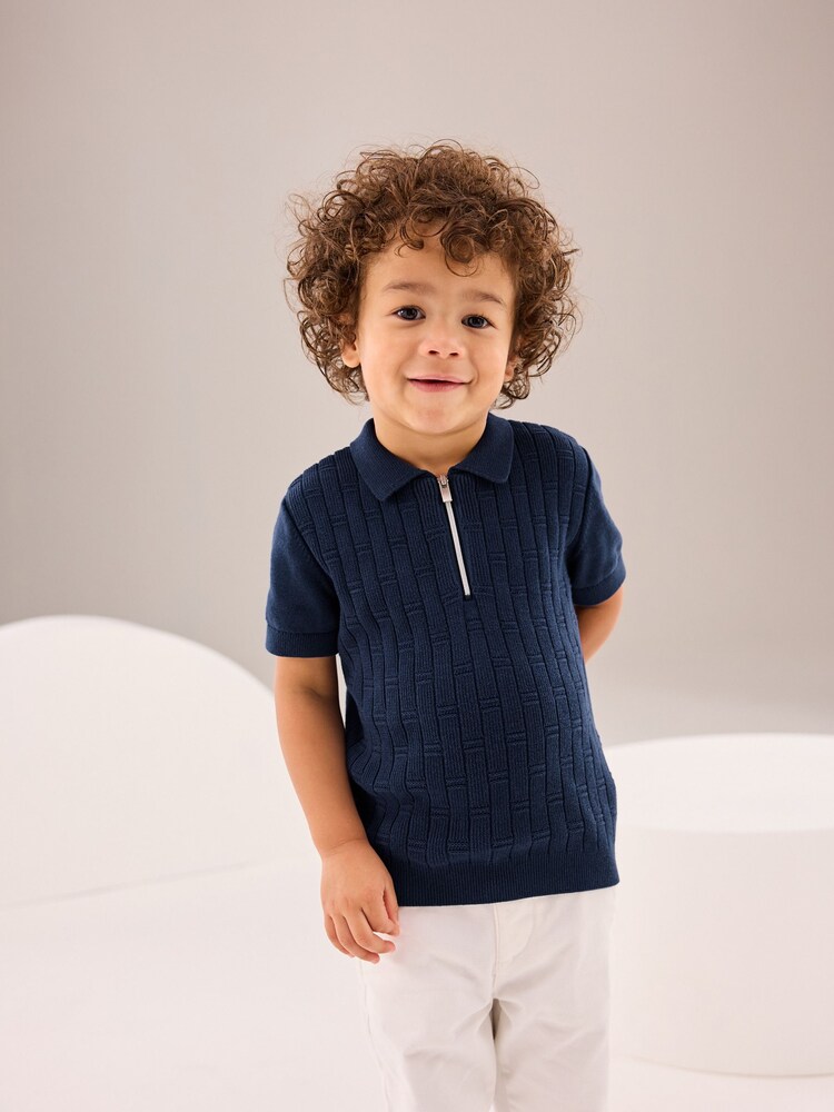 Navy Polo Short Sleeve Zip Neck 100% Cotton Sweater (3mths-7yrs) - Image 1 of 8 Navy Polo Short Sleeve Zip Neck 100% Cotton Sweater (3mths-7yrs) - Image 1 of 8