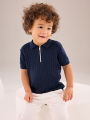 Navy Polo Short Sleeve Zip Neck 100% Cotton Sweater (3mths-7yrs) - Image 2 of 8
