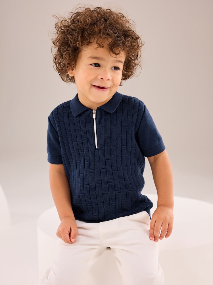 Navy Polo Short Sleeve Zip Neck 100% Cotton Sweater (3mths-7yrs) - Image 2 of 8 Navy Polo Short Sleeve Zip Neck 100% Cotton Sweater (3mths-7yrs) - Image 2 of 8