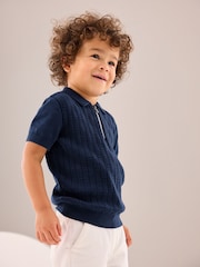 Navy Polo Short Sleeve Zip Neck 100% Cotton Sweater (3mths-7yrs) - Image 3 of 8