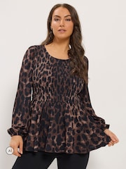 Yours Curve Brown Leopard Shirred Peplum Top - Image 1 of 6
