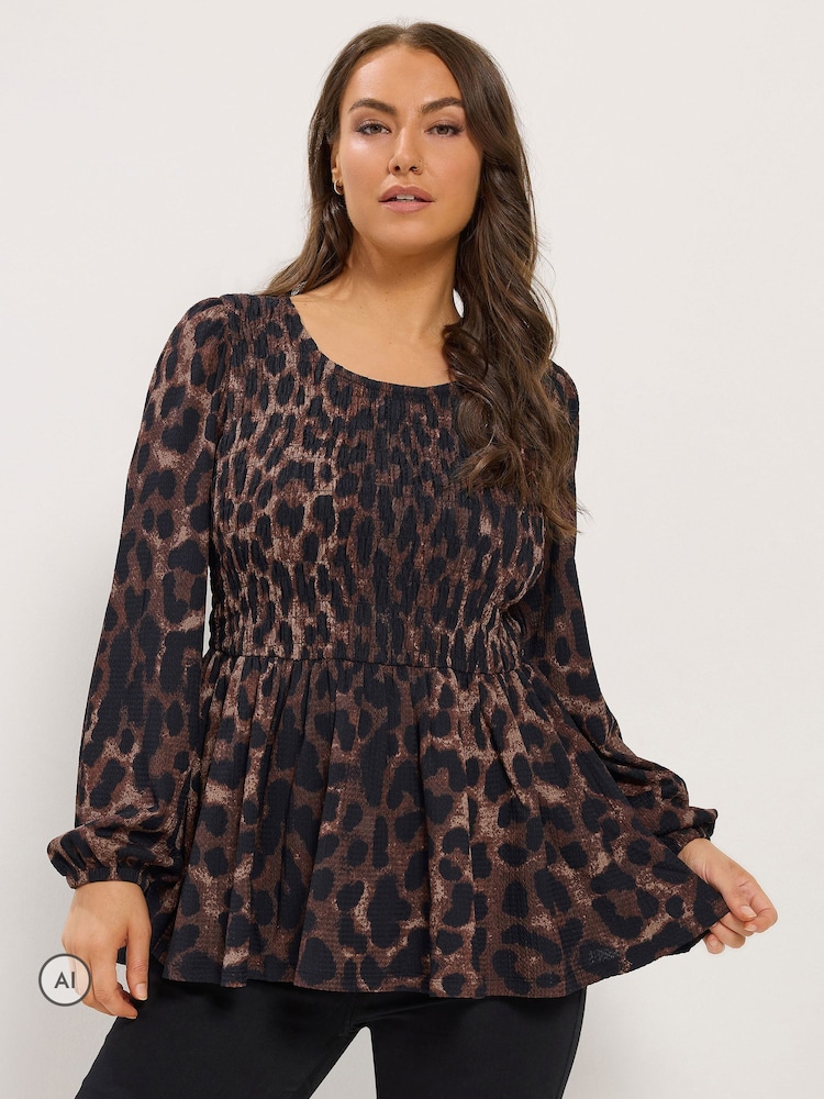 Yours Curve Brown Leopard Shirred Peplum Top - Image 1 of 6 Yours Curve Brown Leopard Shirred Peplum Top - Image 1 of 6