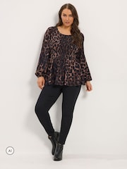 Yours Curve Brown Leopard Shirred Peplum Top - Image 2 of 6