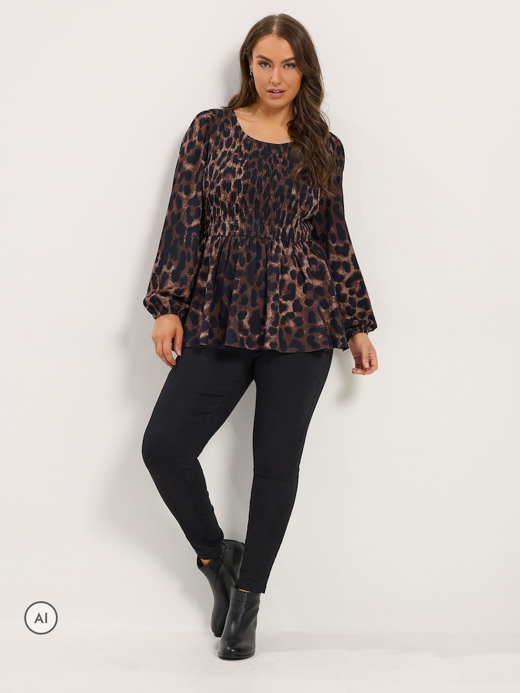 Yours Curve Brown Leopard Shirred Peplum Top - Image 2 of 6 Yours Curve Brown Leopard Shirred Peplum Top - Image 2 of 6