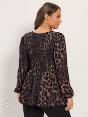 Yours Curve Brown Leopard Shirred Peplum Top - Image 3 of 6