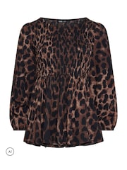 Yours Curve Brown Leopard Shirred Peplum Top - Image 5 of 6