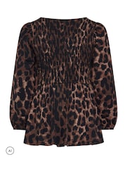 Yours Curve Brown Leopard Shirred Peplum Top - Image 6 of 6