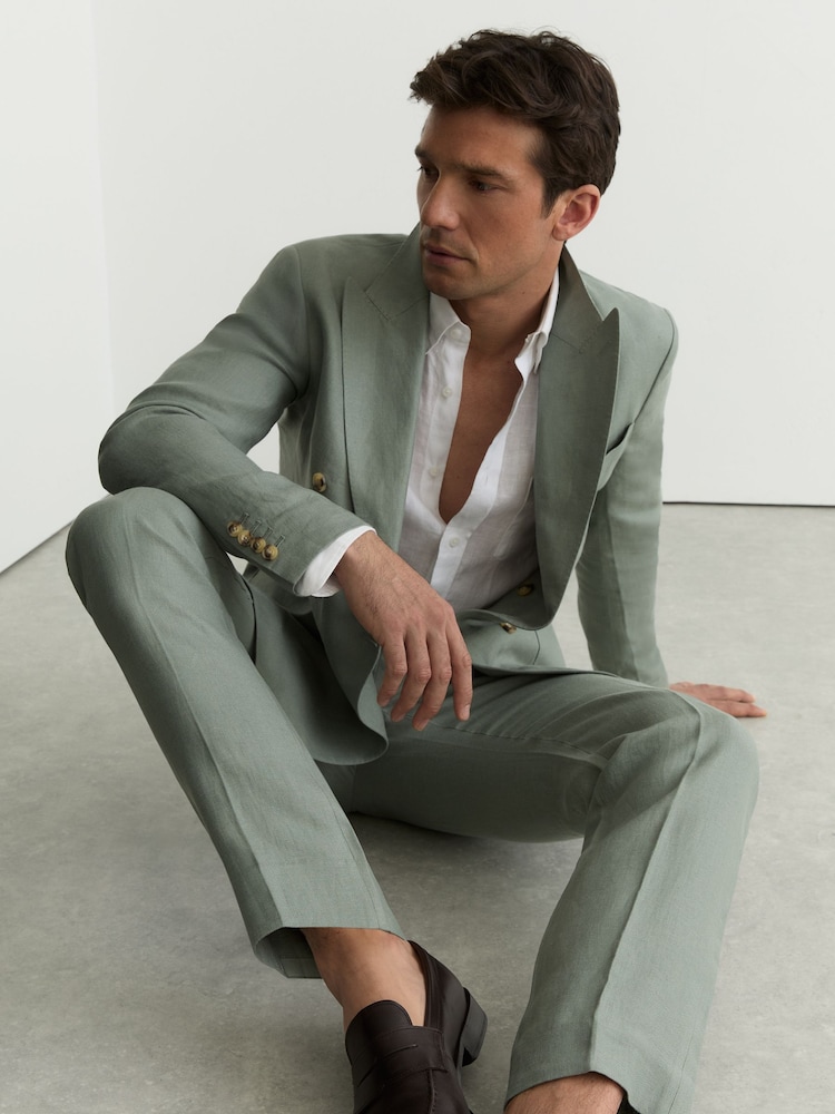 Reiss Sage Atlantic Linen-Twill Double-Breasted Blazer Tailored-Fit - Image 1 of 9 Reiss Sage Atlantic Linen-Twill Double-Breasted Blazer Tailored-Fit - Image 1 of 9