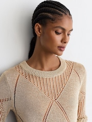 Reiss Gold Venetia Metallic Argyle Open-Knit Long-Sleeve Jumper - Image 1 of 7