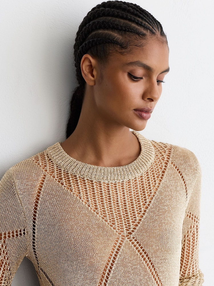 Reiss Gold Venetia Metallic Argyle Open-Knit Long-Sleeve Jumper - Image 1 of 7