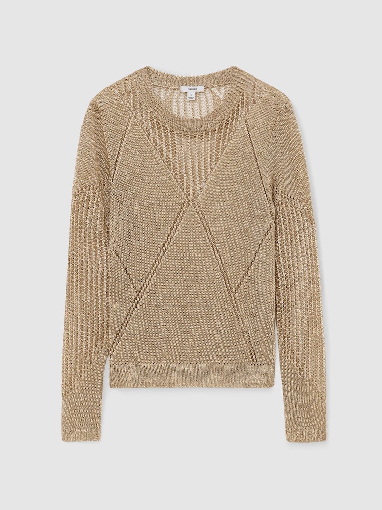 Reiss Gold Venetia Metallic Argyle Open-Knit Long-Sleeve Jumper - Image 2 of 7