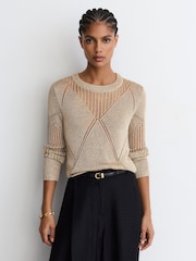 Reiss Gold Venetia Metallic Argyle Open-Knit Long-Sleeve Jumper - Image 3 of 7
