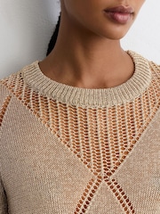 Reiss Gold Venetia Metallic Argyle Open-Knit Long-Sleeve Jumper - Image 5 of 7