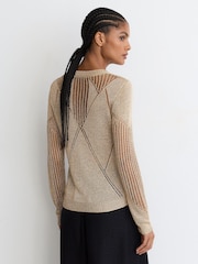 Reiss Gold Venetia Metallic Argyle Open-Knit Long-Sleeve Jumper - Image 6 of 7