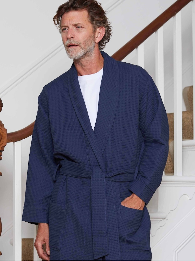 Savile Row Company Blue 100% Cotton Waffle Dressing Gown - Image 2 of 6