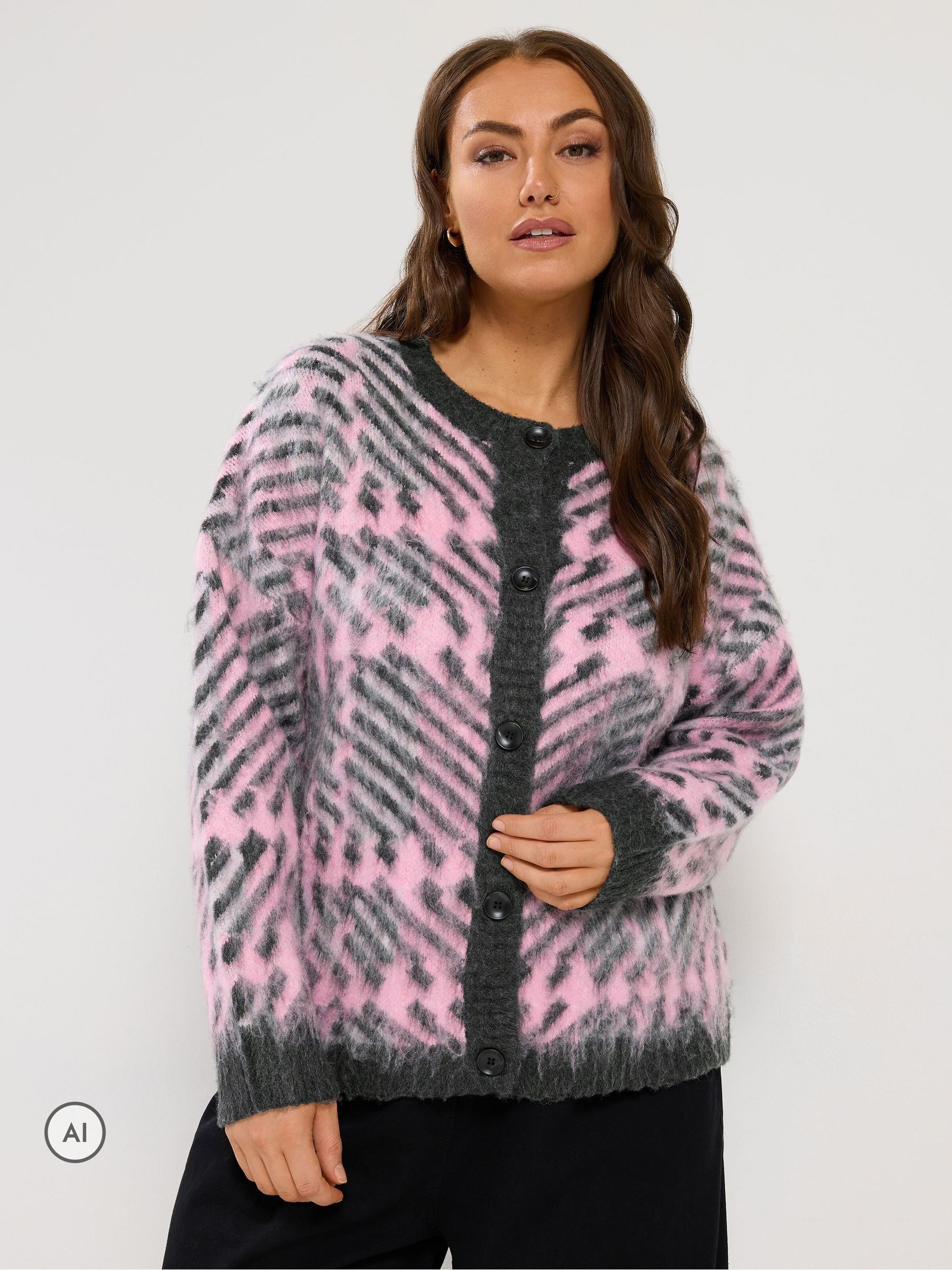 Yours Women's Pink Check Crew Neck Cardigan In | Size: 30/32 - Image 6