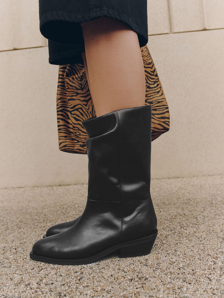 Black Standard fit Forever Comfort® Western Tuck Midi Leather Boots - Image 1 of 10