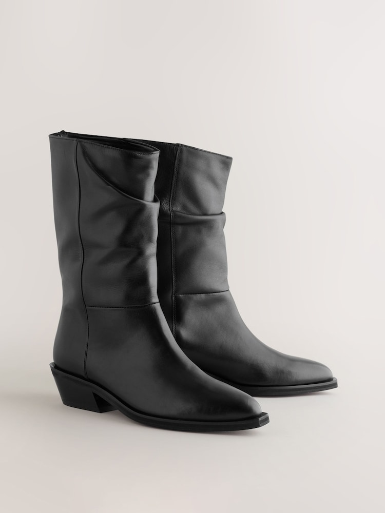 Black Standard fit Forever Comfort® Western Tuck Midi Leather Boots - Image 2 of 10