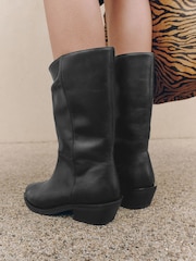 Black Standard fit Forever Comfort® Western Tuck Midi Leather Boots - Image 4 of 10