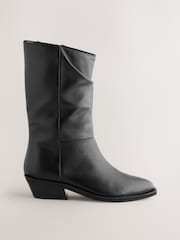 Black Standard fit Forever Comfort® Western Tuck Midi Leather Boots - Image 6 of 10