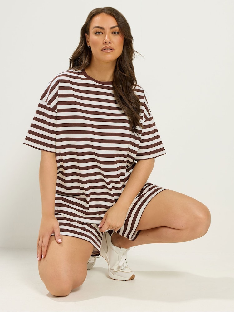 Yours Curve Brown Stripe T-Shirt & Shorts Co-Ord - Image 1 of 6 Yours Curve Brown Stripe T-Shirt & Shorts Co-Ord - Image 1 of 6