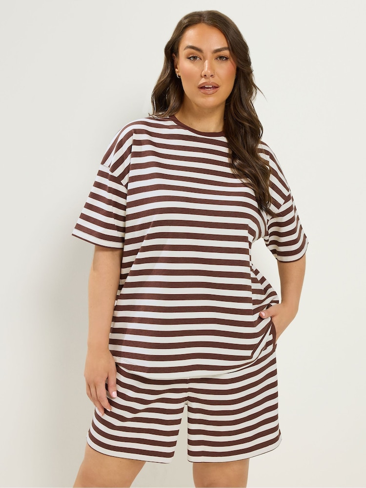 Yours Curve Brown Stripe T-Shirt & Shorts Co-Ord - Image 2 of 6 Yours Curve Brown Stripe T-Shirt & Shorts Co-Ord - Image 2 of 6
