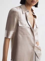 Reiss Champagne Aubrey Silk Short Sleeve Button Through Shirt - Image 1 of 5