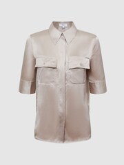 Reiss Champagne Aubrey Silk Short Sleeve Button Through Shirt - Image 2 of 5