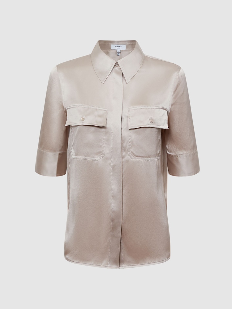 Reiss Champagne Aubrey Silk Short Sleeve Button Through Shirt - Image 2 of 5