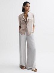 Reiss Champagne Aubrey Silk Short Sleeve Button Through Shirt - Image 4 of 5