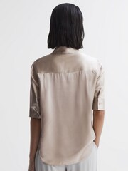 Reiss Champagne Aubrey Silk Short Sleeve Button Through Shirt - Image 5 of 5