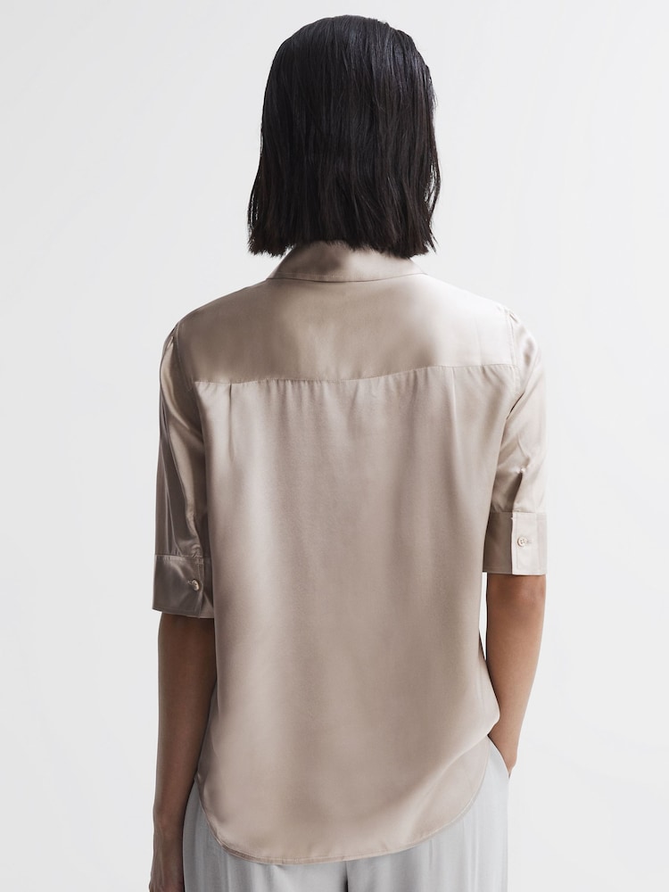 Reiss Champagne Aubrey Silk Short Sleeve Button Through Shirt - Image 5 of 5