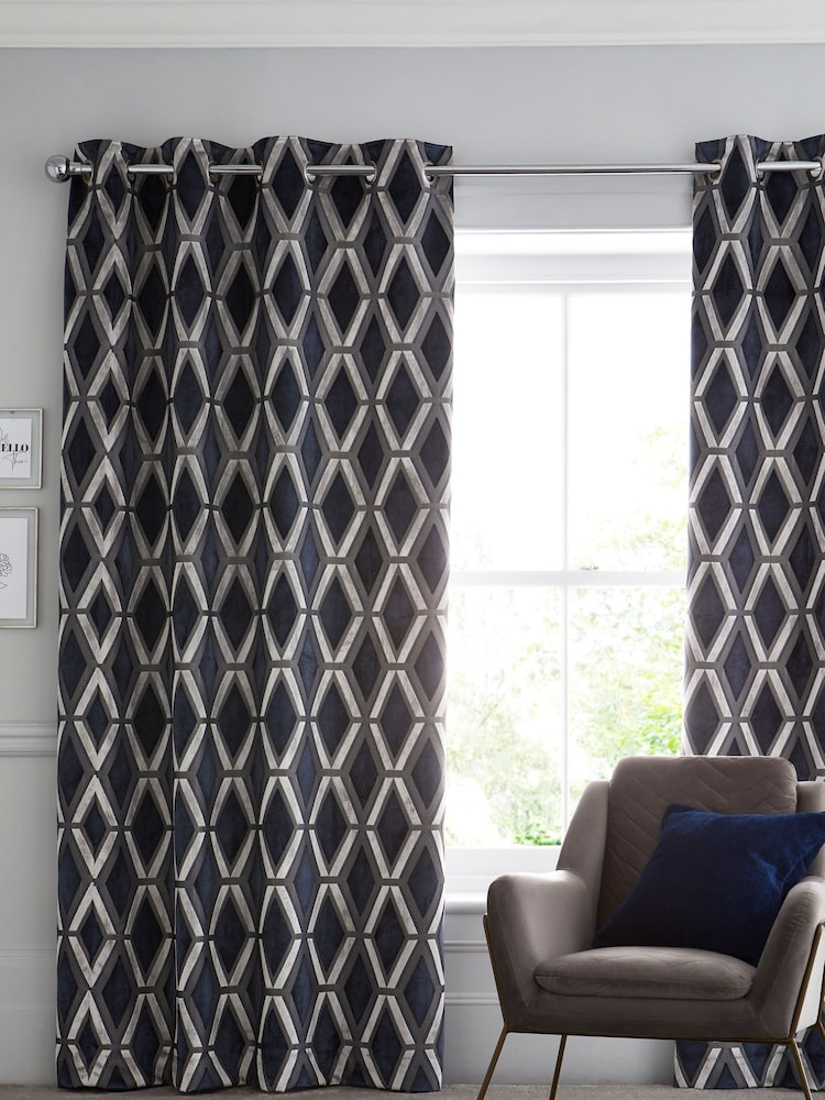 Navy Blue Collection Luxe Heavyweight Geometric Cut Velvet Made To Measure Curtains - Image 1 of 9