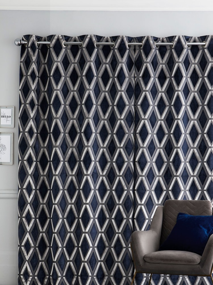 Navy Blue Collection Luxe Heavyweight Geometric Cut Velvet Made To Measure Curtains - Image 2 of 9