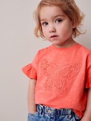 Coral Pink Crochet Butterfly 100% Cotton T-Shirt (3mths-7yrs) - Image 1 of 7