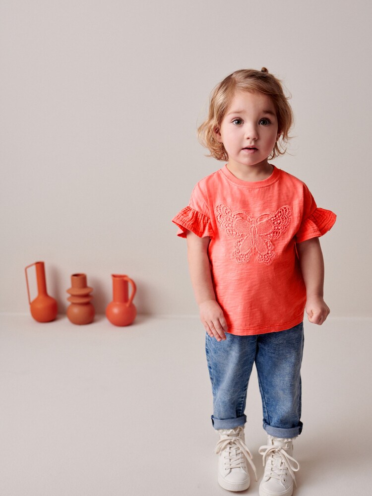 Coral Pink Crochet Butterfly 100% Cotton T-Shirt (3mths-7yrs) - Image 2 of 7