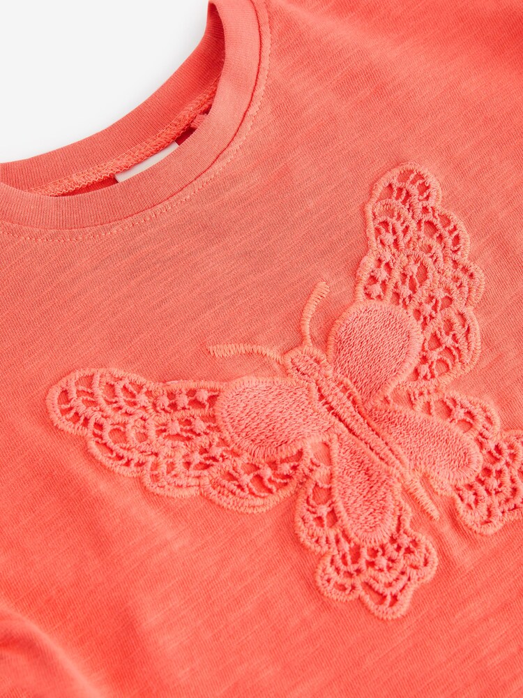Coral Pink Crochet Butterfly 100% Cotton T-Shirt (3mths-7yrs) - Image 7 of 7
