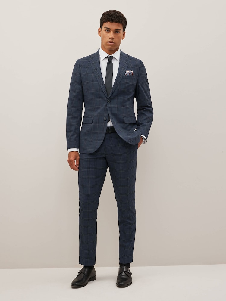 Navy Slim Fit Check Suit Trousers - Image 2 of 10