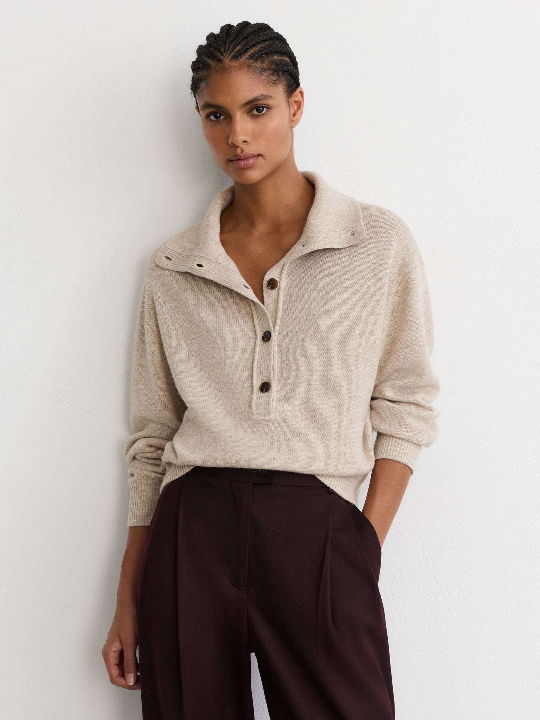 Reiss Cream Wool-cashmere Half-button Jumper In Multi