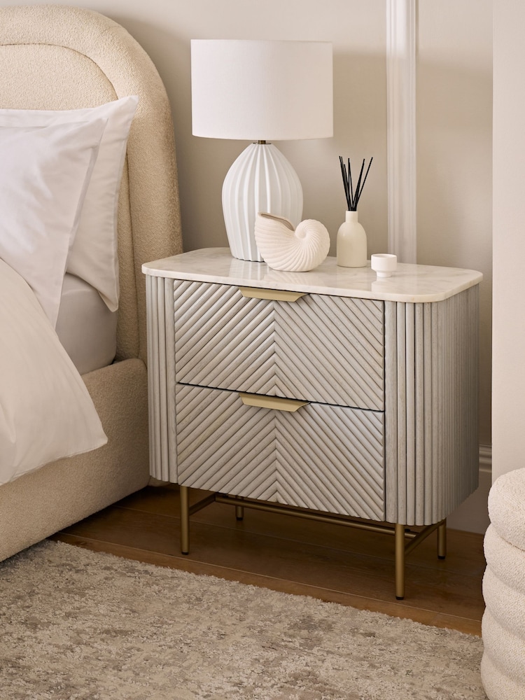 Light Grey Valencia Marble and Mango Wood 2 Drawer Wide Bedside Table - Image 1 of 11