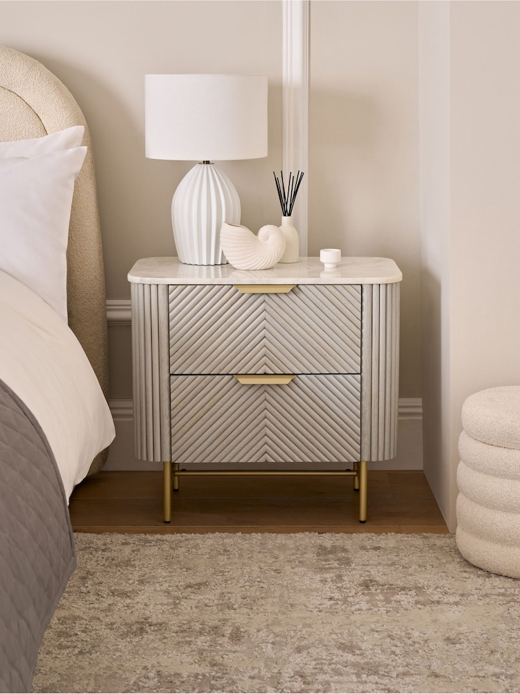 Light Grey Valencia Marble and Mango Wood 2 Drawer Wide Bedside Table - Image 2 of 11