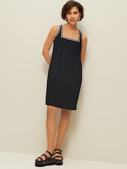 Black Square Neck Shift Mini Dress With Linen - Image 2 of 6
