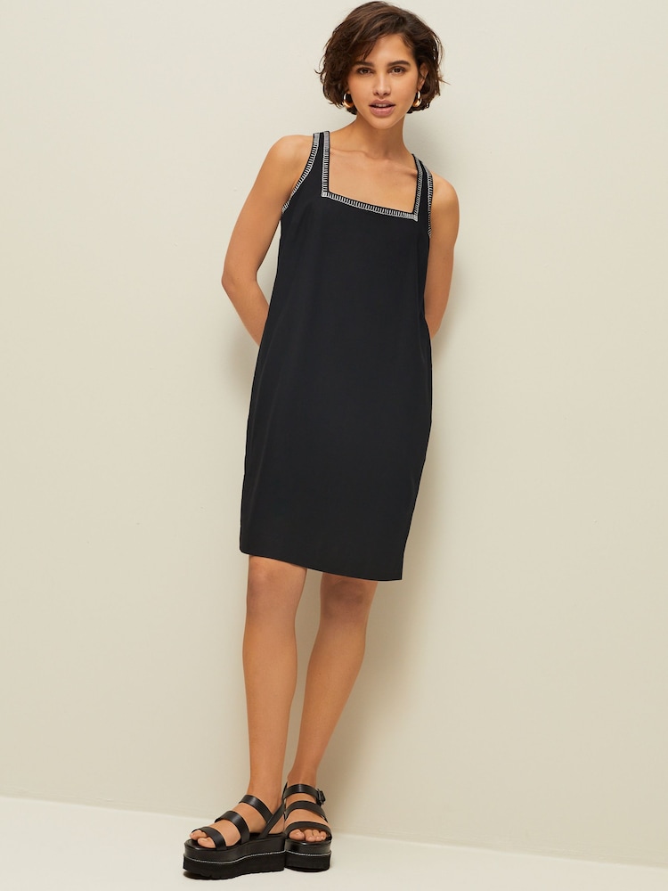 Black Square Neck Shift Mini Dress With Linen - Image 2 of 6