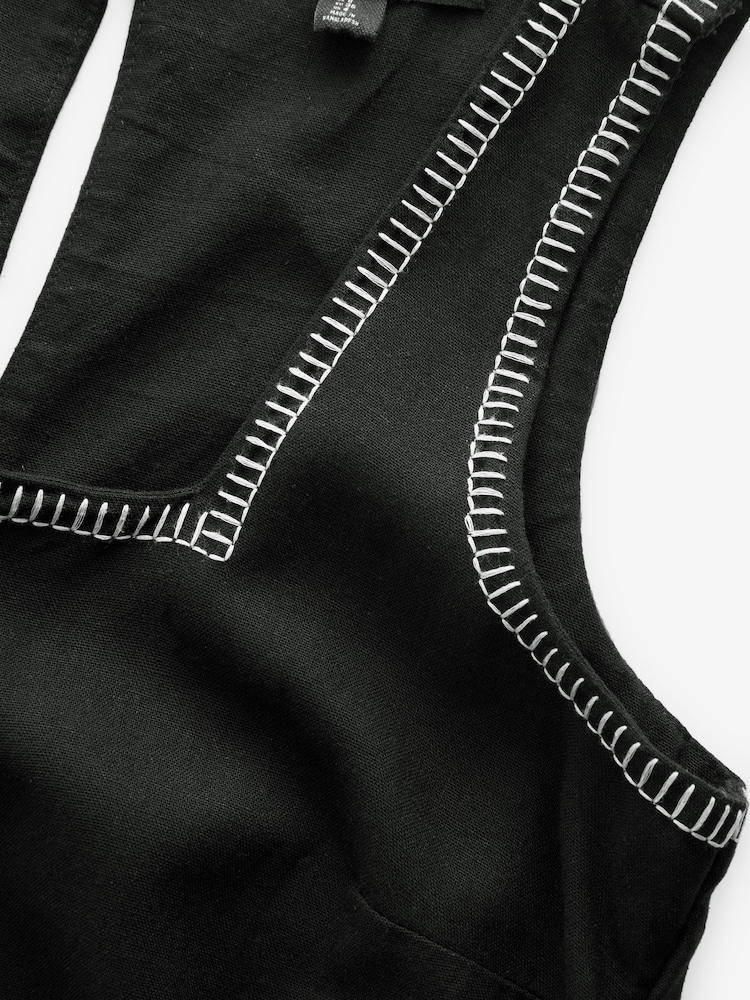 Black Square Neck Shift Mini Dress With Linen - Image 6 of 6