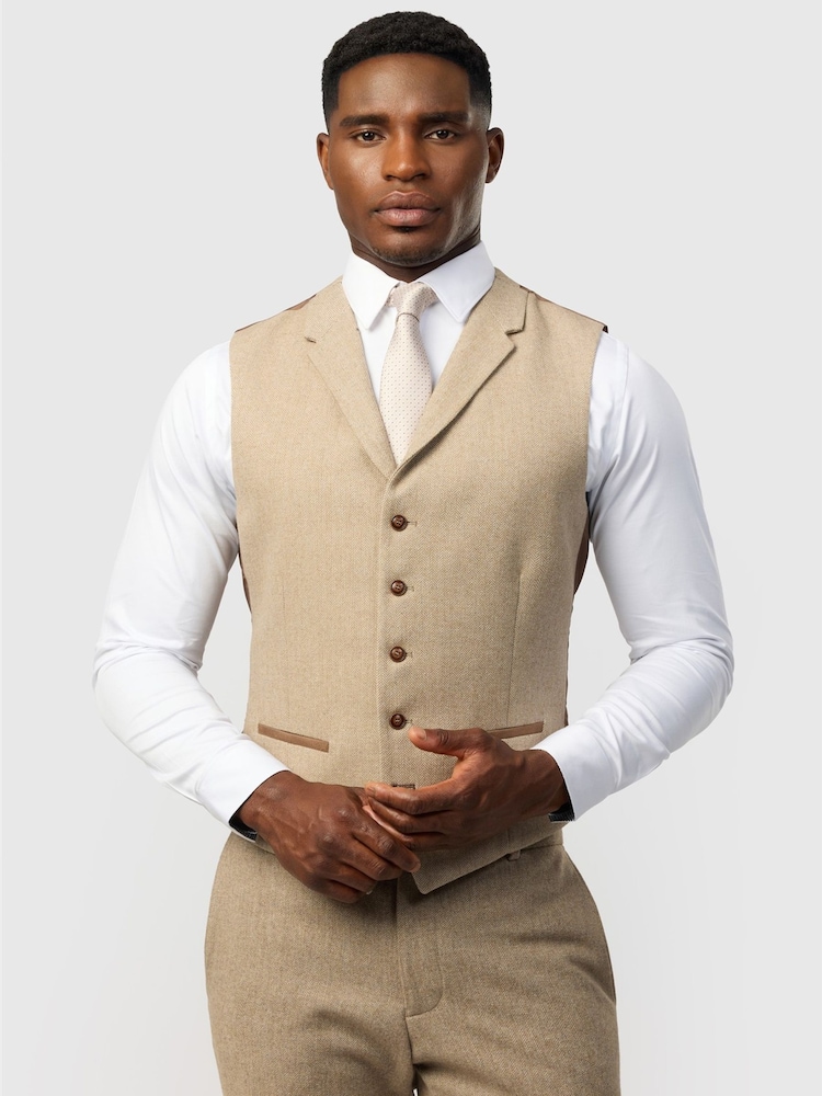 Antique Rogue Nude Slim Fit Baxter Camel Herringbone Tweed Waistcoat - Image 1 of 3 Antique Rogue Nude Slim Fit Baxter Camel Herringbone Tweed Waistcoat - Image 1 of 3