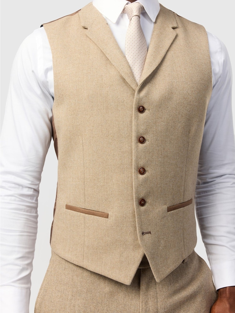 Antique Rogue Nude Slim Fit Baxter Camel Herringbone Tweed Waistcoat - Image 2 of 3 Antique Rogue Nude Slim Fit Baxter Camel Herringbone Tweed Waistcoat - Image 2 of 3
