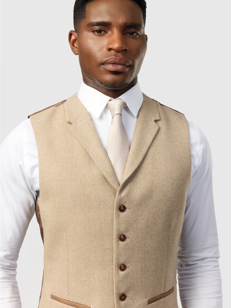 Antique Rogue Nude Slim Fit Baxter Camel Herringbone Tweed Waistcoat - Image 3 of 3 Antique Rogue Nude Slim Fit Baxter Camel Herringbone Tweed Waistcoat - Image 3 of 3