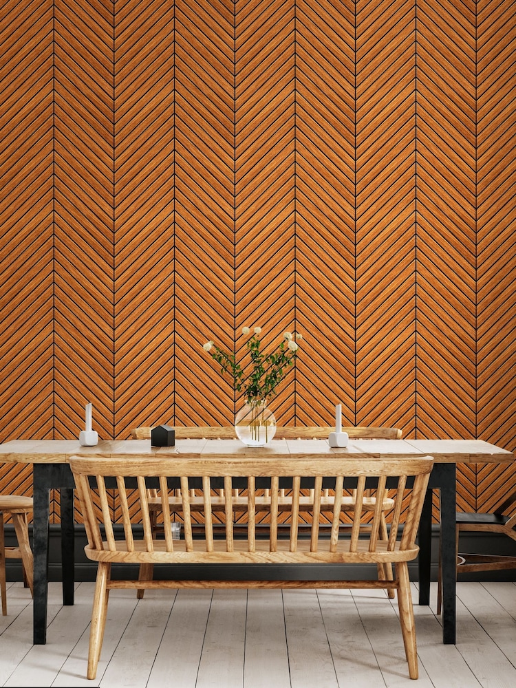 Hoopla Walls Teak Chevron Slat Wallpaper - Image 1 of 2 Hoopla Walls Teak Chevron Slat Wallpaper - Image 1 of 2