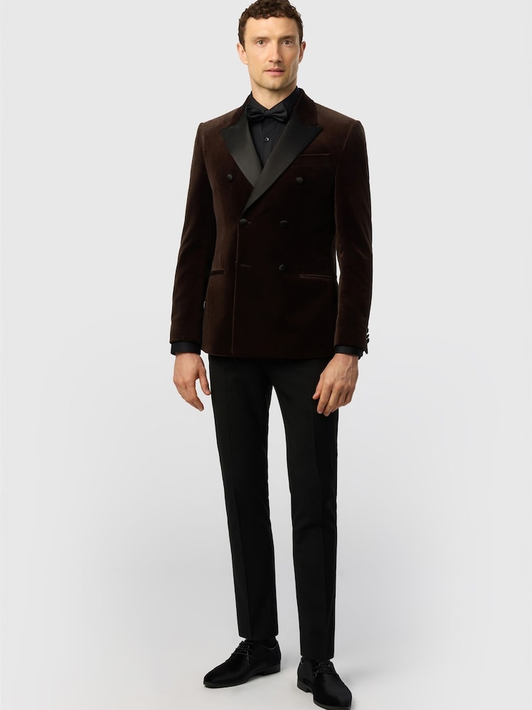 Antique Rogue Black Slim Fit Quinn Chocolate Cotton Velvet Double Breasted Jacket - Image 2 of 3