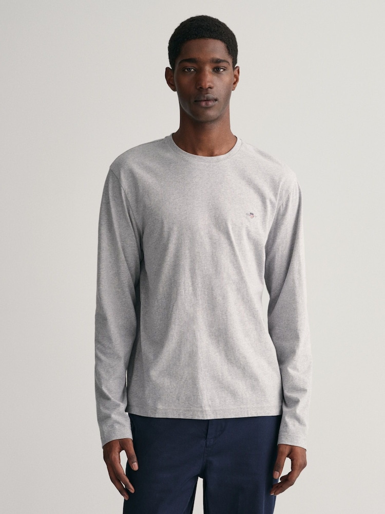 GANT Antracite Grey Melange Regular Fit Shield Logo Long Sleeve T-Shirt - Image 1 of 5